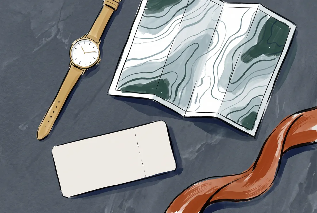 Wristwatch, road map and ferry boarding pass on slate