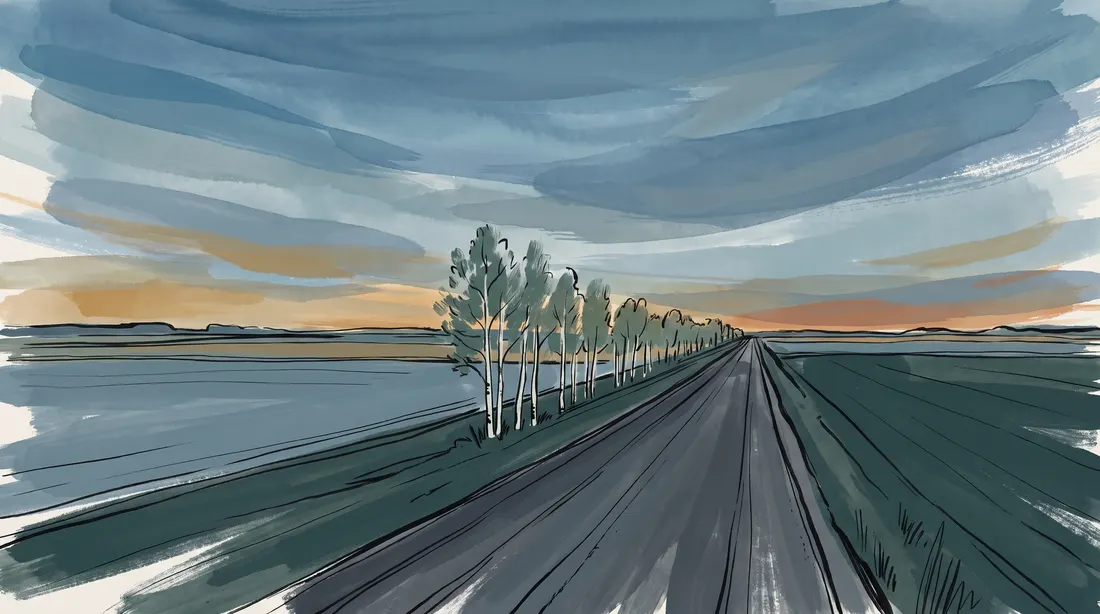 Peace country fields and a gravel road at evening